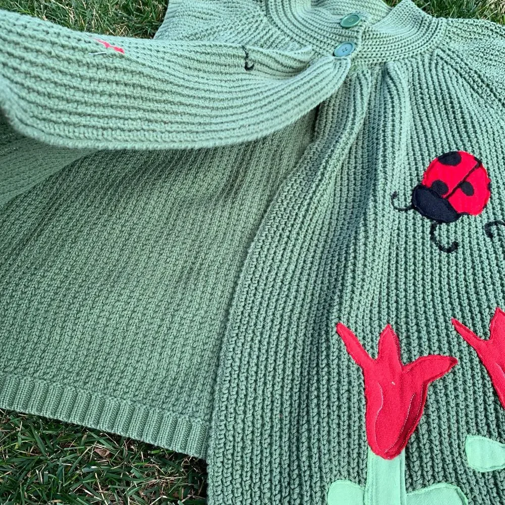 Custom Upcycled Ladybug Flower Patchwork Knit Sweater Coquette 2XL